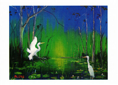 Greeting card of Egrets at Play 2 at a billabong by artist Peter Hill and published by Cloud Publishing