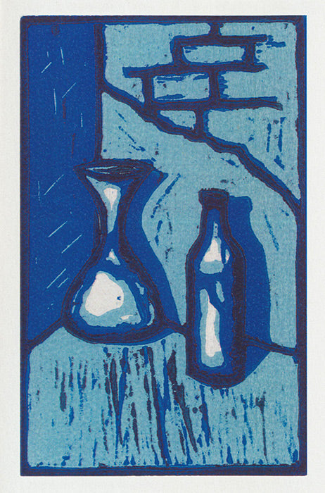 Greeting card lino print of a couple of blue bottles by artist Jon Howarth and Cloud Publishing