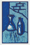 Greeting card lino print of a couple of blue bottles by artist Jon Howarth and Cloud Publishing