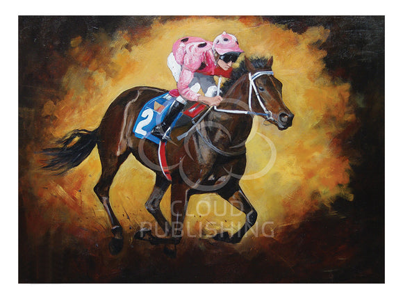Horse racing greeting card of the famous racehorse Black Cavier by artist Peter Hill and published by Cloud Publishing