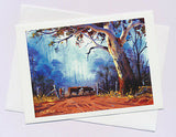 Australian landscape showing cattle by the gate under a large gum tree by Australian artist Peter Hill and published by Cloud Publishing