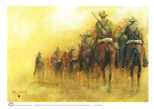 Australian light horsemen in a mounted column  painte from the rear as the soldiers are headed home. An unframed A3 print from an original painting by Australian artist peter Hill and published by Cloud Publishing