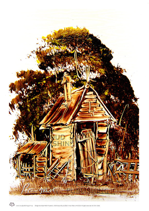An Australian Dunny in the Scrap Heap with the door adjar represents a bygone era. An A3 unframed print by Australian larrikin artist Peter Hill and published by  Cloud Publishing