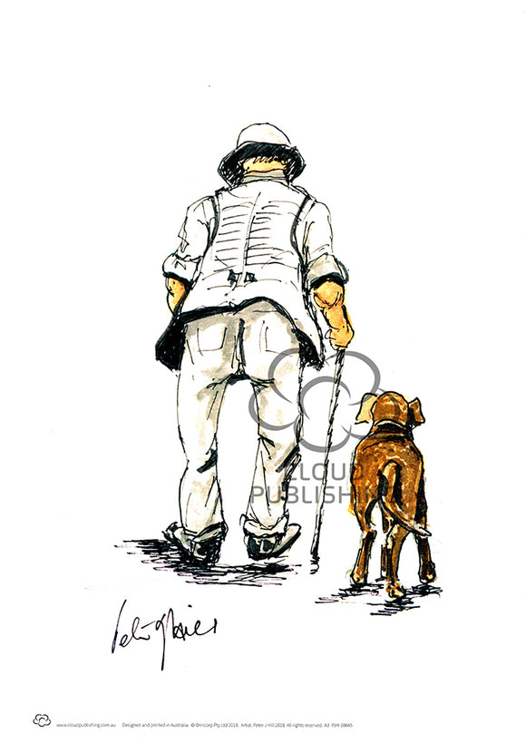 An illustration of an old man and his dog going for a walk by larrikin Australian artist Peter Hill and reproduced by Cloud Publishing