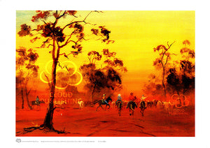 Sunset muster in the great Australian outback with stockmen rounding up cattle  as the sun slowly sinks and yellows, oranges and reds saturate the light. A print from an original painting by Australian artist peter Hill and published by Cloud Publishing