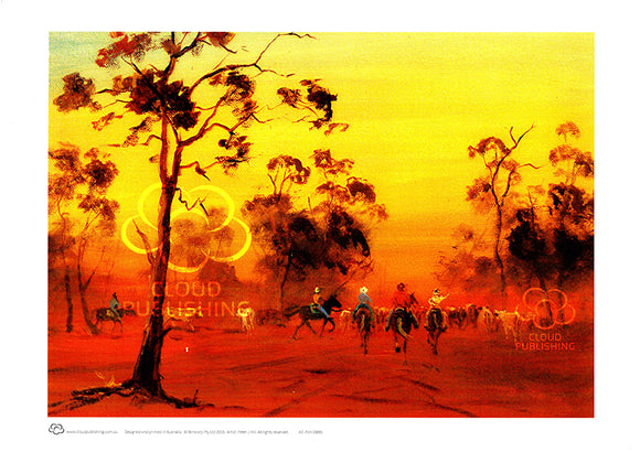 Sunset muster in the great Australian outback with stockmen rounding up cattle  as the sun slowly sinks and yellows, oranges and reds saturate the light. A print from an original painting by Australian artist peter Hill and published by Cloud Publishing