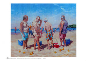 Australian beach cricket A3 unframed print by Australian artist Sima Kokaev. The summer game of cricket played at the beach is watched on by an unlikely group of men in various swim attire. Published by Cloud Publishing