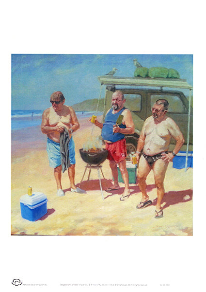 Beach barbecue A4 unframed print of three  guys sharing a drink and a snag at Sawtell Beach. From an original painting by Australian artist Sima Kokaev and published by Cloud Publishing