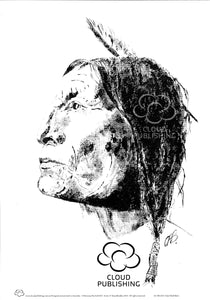 Portrait of Chief Wolf Robe a southern Cheyenne American Indian  from a black and white acrylic painting by Australian artist Tony Brindley and published by Cloud Publishing
