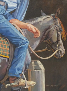 stock man or cowboy resting in the saddle of his horse by Sima Kokaev published by Cloud Publishing