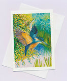 Greeting card blue and yellow azure kingfisher from an original watercolour by Nancy Soultanian and published by Cloud Publishing