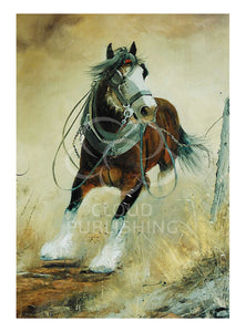 Horse greeting card of a Clydesdale horse titled "The Breakaway" by Peter Hill and published by Cloud Publishing