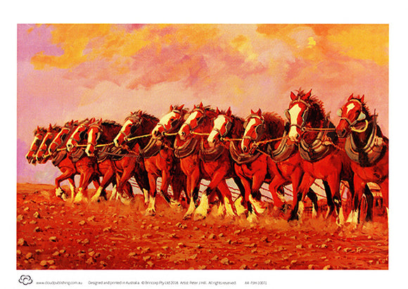 Twelve Clydesdale horses in a row A4 unframed print by Peter Hill published by Cloud Publishing