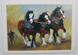 Clydesdale horse ploughing a field greeting card by Australian artist Peter Hill