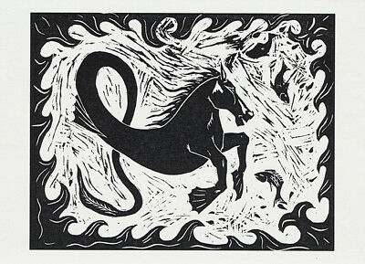 Hippocampus Greeting card of the mythical part horse and part fish black & white