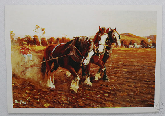 Three clydesdales plowing with dust risingbehind. A card by Australian artist Peter Hill and published by Cloud Publishing