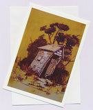 Greeting card of an Outhouse "Leaning to the Left" by artist PJ Hill and Cloud Publishing