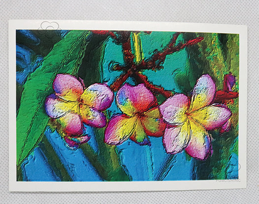 yellow pink frangipani flower trio amongst green leaves by Australian artist Tony Brindley and published as a greeting card by Cloud Publishing