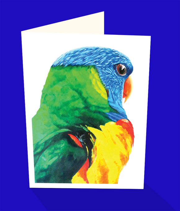 Rainbow lorikeet parrot greeting card by emma Harris and published by Cloud Publishing