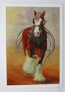 Running Clydesdale horse in harness greeting card by Peter Hill and published by Cloud Publishing