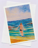 Greeting card of a bikini girl on the beach from an original watercolour by Nancy Soultani