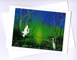 Greeting card of Egrets at Play 2 at a billabong by artist Peter Hill and published by Cloud Publishing