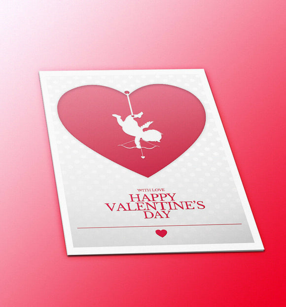 Happy Valentine's day greeting card  with a a white cupid holding a bow and arrow inside a red heart published by Cloud Publishing