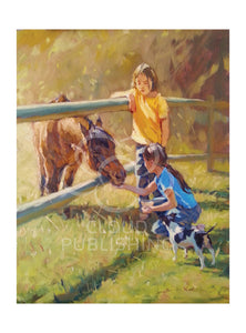 Two young girls feeding their pony called Gumnut depicted on a greeting card painted by their father Australian artist Sima Kokaev and published by Cloud Publishing