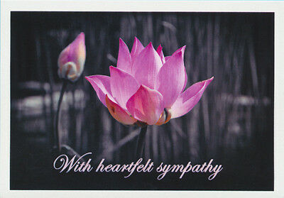Greeting card of a mauve lotus flower with a message of heartfelt sympathy from Cloud Publishing