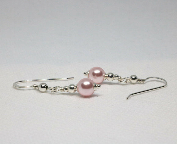 Swarovski® 6mm simulated crystal Rosaline pearl stg silver bead drop earrings