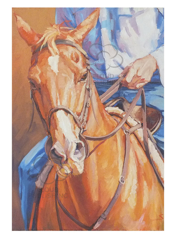 Cowboy riding chestnut horse greeting card by artist Sima Kokaev and Cloud Publishing