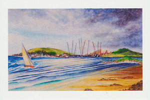 Sailing close to Park Beach Coffs Harbour with view to Muttonbird Island and masks of sailing boats in the marina by local artist Nancy Soultanian and published by Cloud Publishing