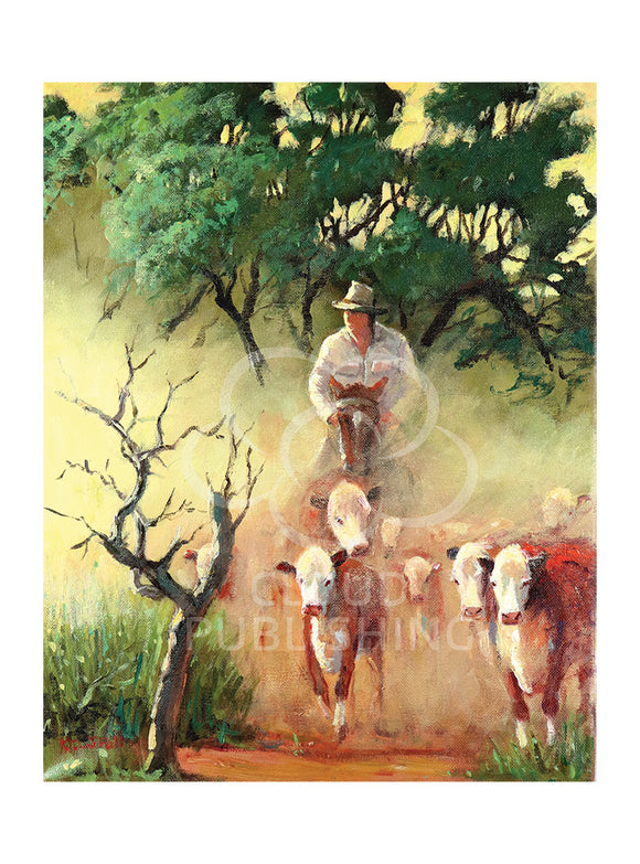 Stockman or cowboy mustering Hereford cattle by Australian artist Peter Hill and published by Cloud Publishing