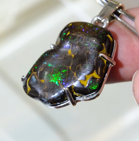 Boulder Opal Green Blue Ironstone Sterling Silver Pendant and PVC cord. FREE SHIPPING & Tracing. Freeform Boulder Opal