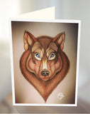 Brown wolf greeting card from a drawing by Matt Tanner and published by Cloud Publishing