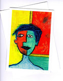 multi coloured portrait greeting card of someone going to the art gallery by artist Sally Pryor