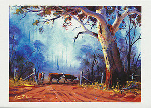 Australian landscape showing cattle by the gate under a large gum tree by Australian artist Peter Hill and published by Cloud Publishing