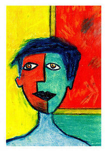 multi coloured portrait greeting card of someone going to the art gallery by artist Sally Pryor